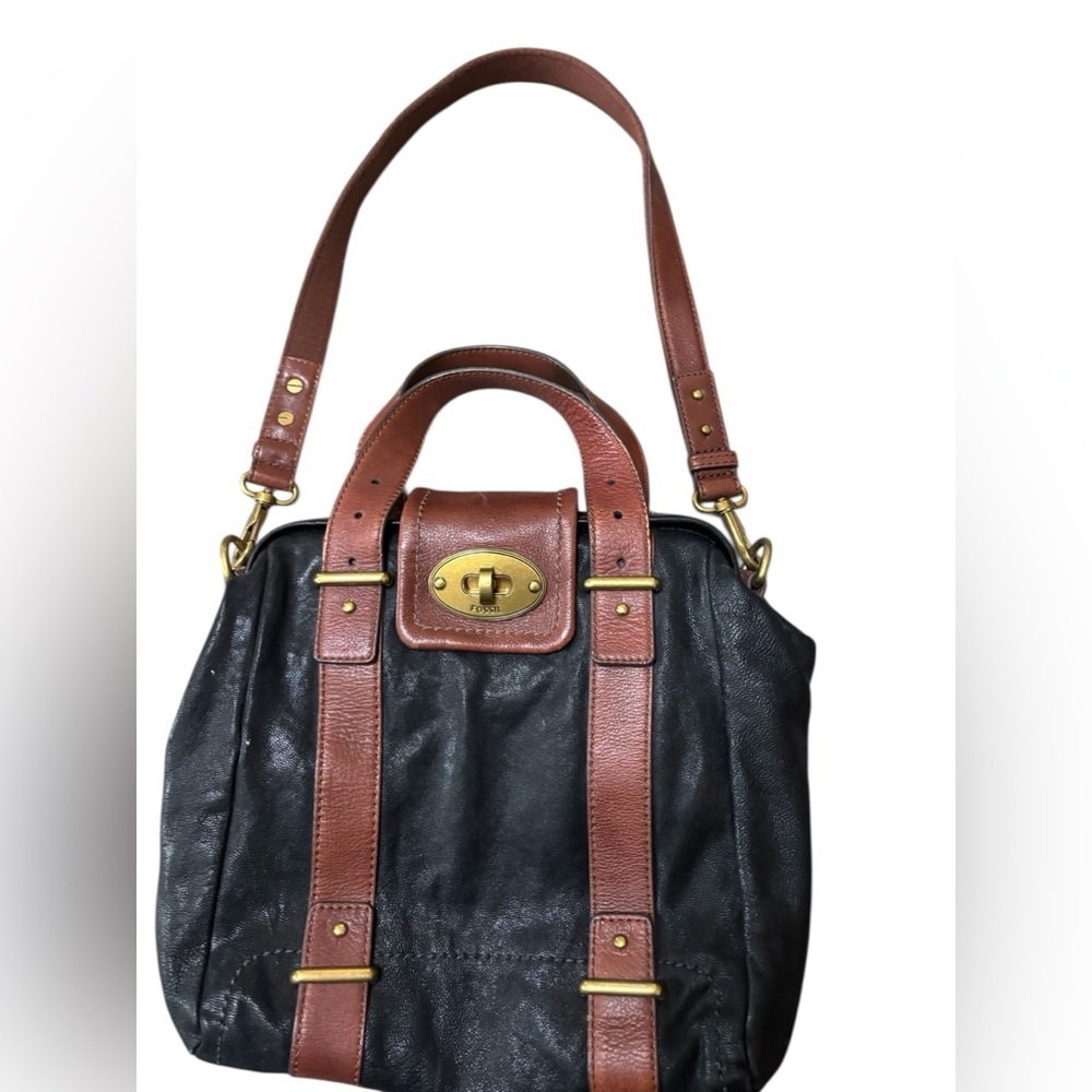 Fossil Black and Tan Leather Satchel vintage